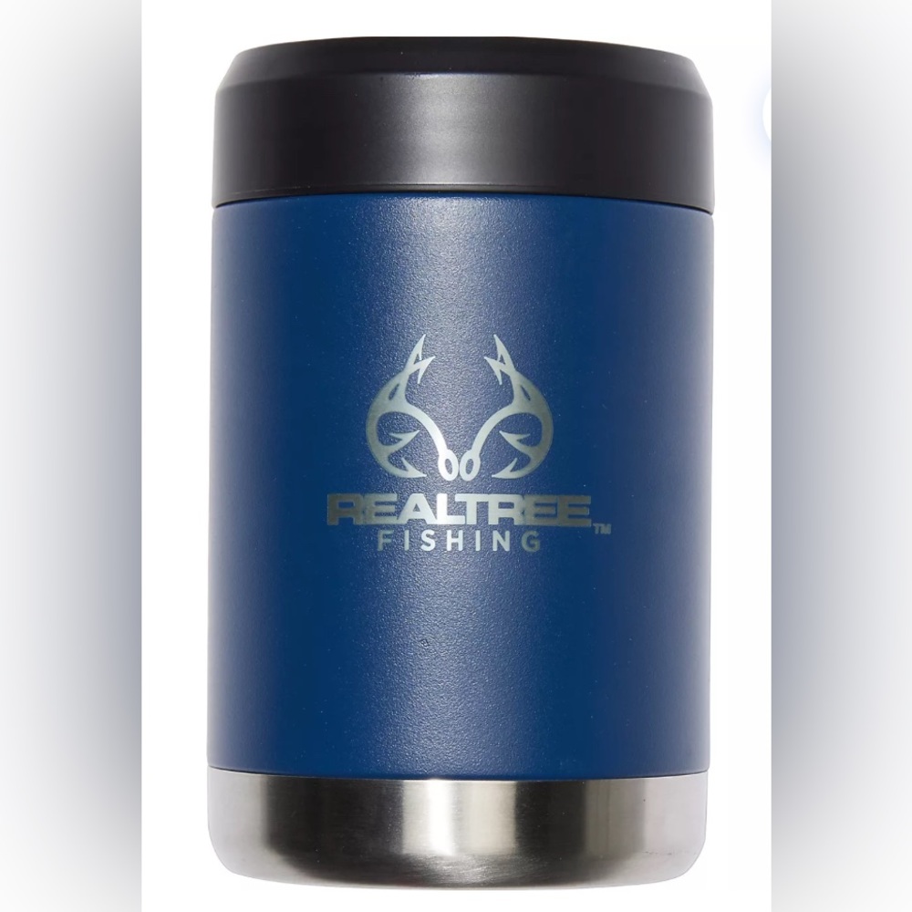 NEW Stainless Steel Can Holder Koozie Insulated Navy Blue Realtree Fishing Logo